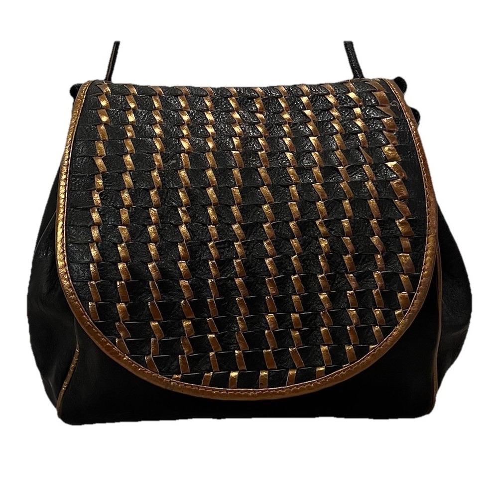 Vtg Handmade 80s Women's Woven Satchel Purse Leather Black Gold Bucket Retro